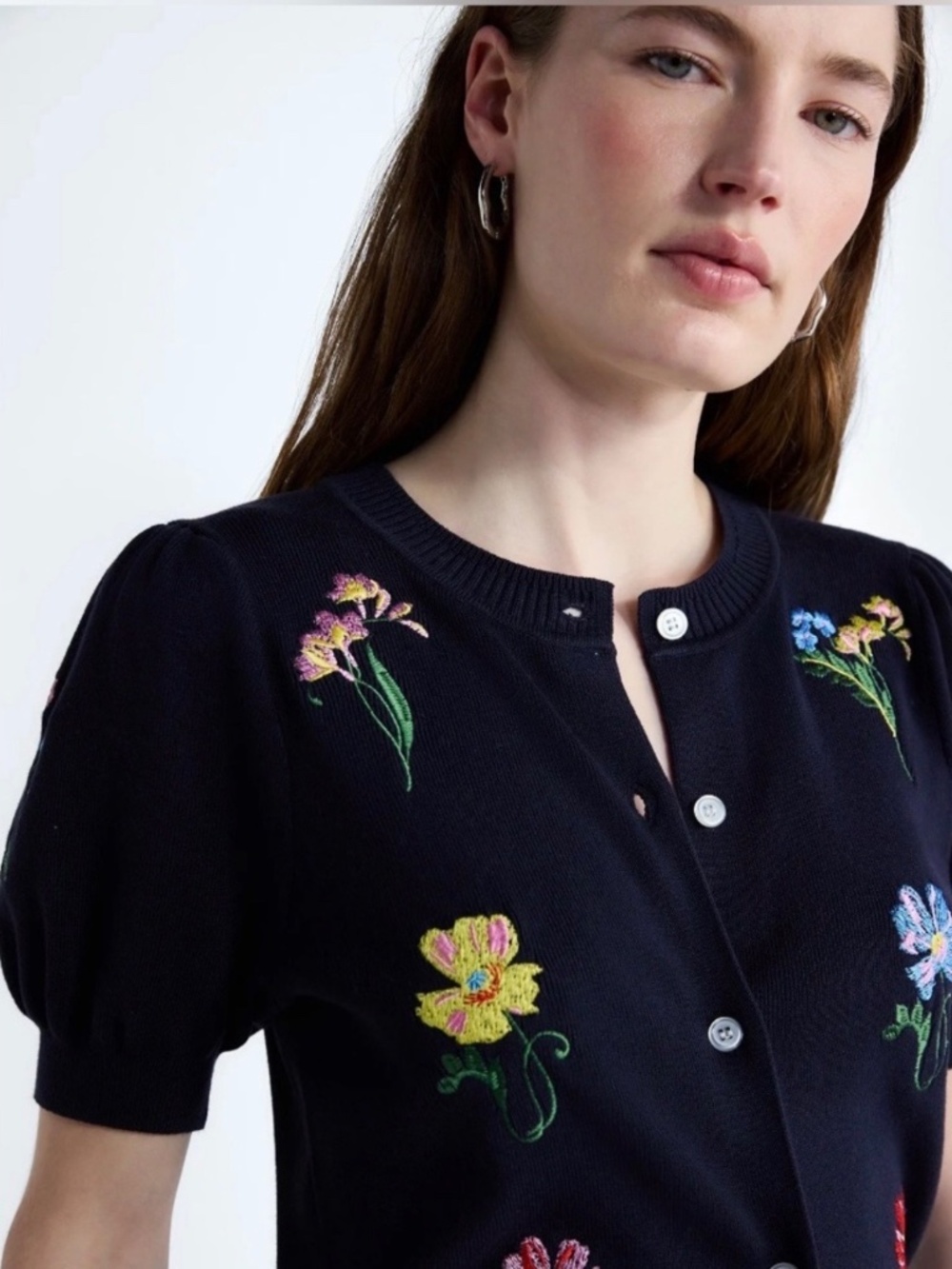 Free Assembly Navy Floral Embroidered Puff Sleeve Cardigan NWT - Picture 3 of 16